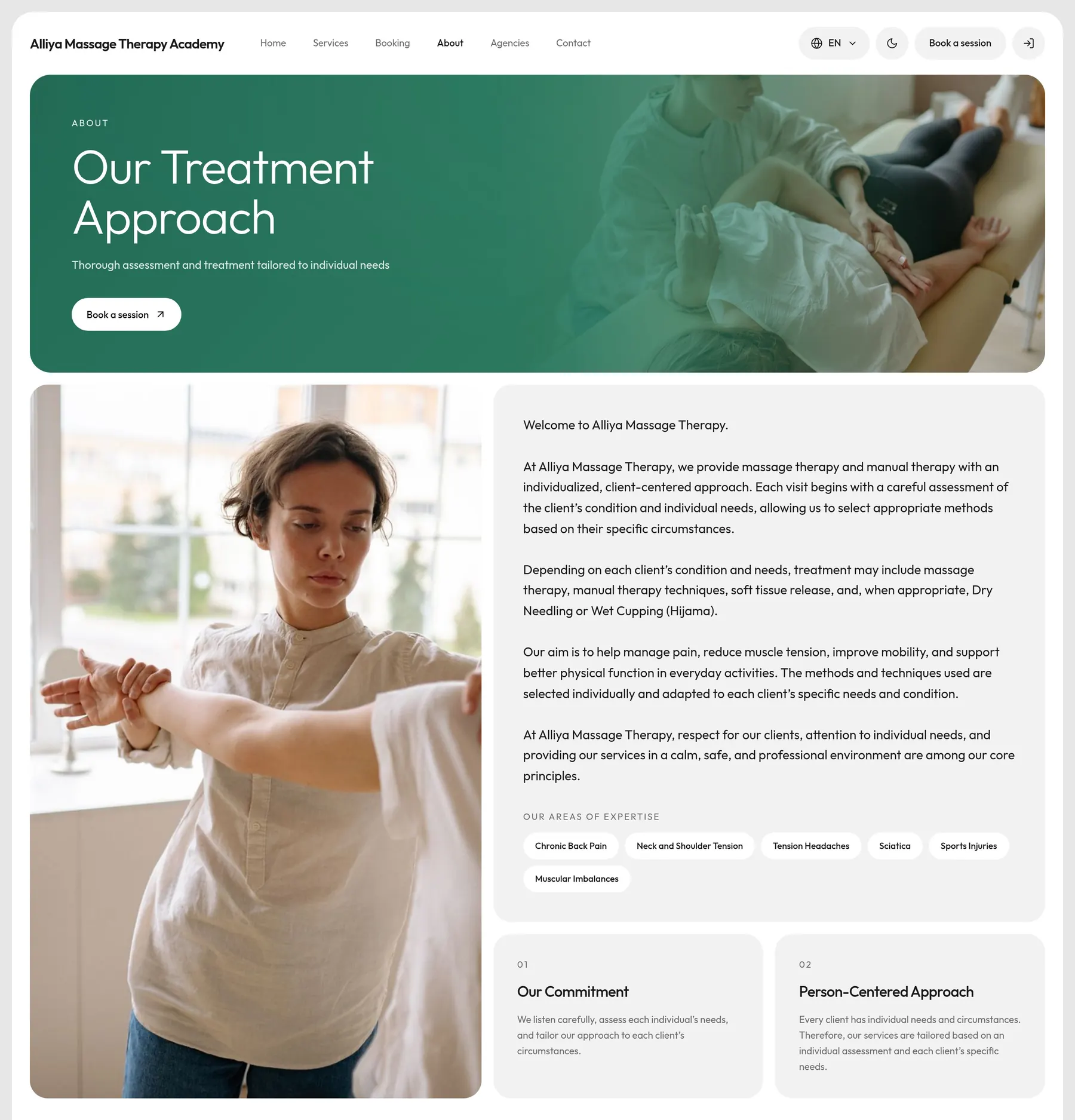 The About page: Our Treatment Approach on a jade gradient over a photo of a therapist treating a client's shoulder on a couch, then a photo of a therapist holding a client's outstretched arm beside the clinic's welcome text.