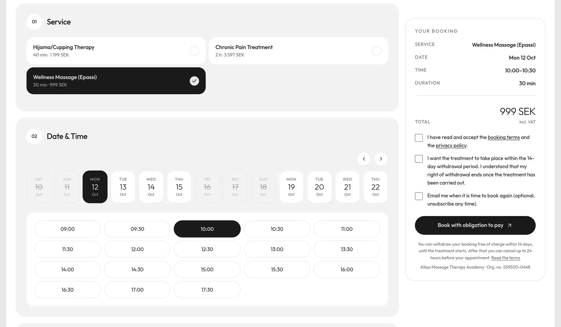 The booking page in light: Wellness Massage selected at 999 SEK, a strip of dates with Monday 12 October chosen, 10:00 picked among the free times, and a Your booking summary with the price filled in. Nothing is submitted.