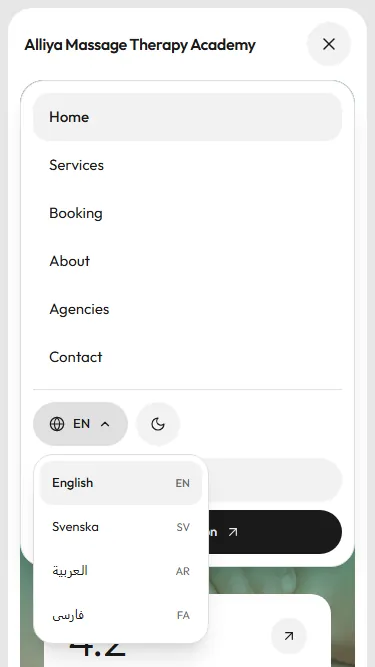 The mobile menu with the language list fully on screen: English, Svenska, العربية and فارسی.