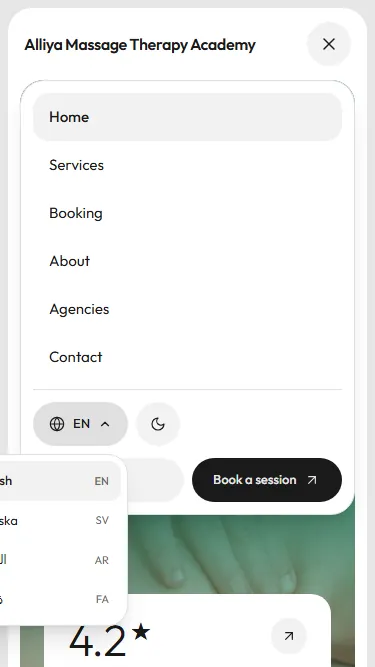 The mobile menu with the language list running off the left edge of the screen.