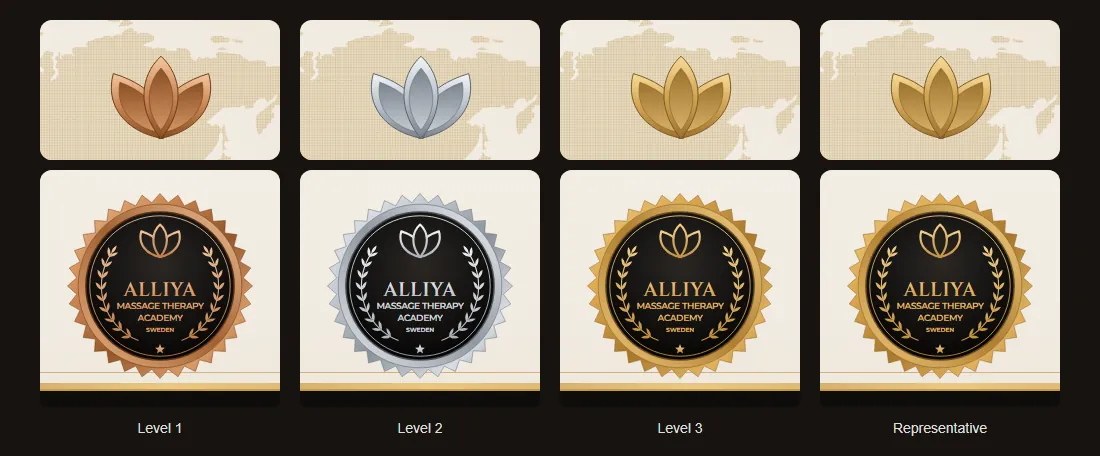 The lotus emblem and the round seal in bronze for Level 1, silver for Level 2, and gold for Level 3 and the Representative certificate.