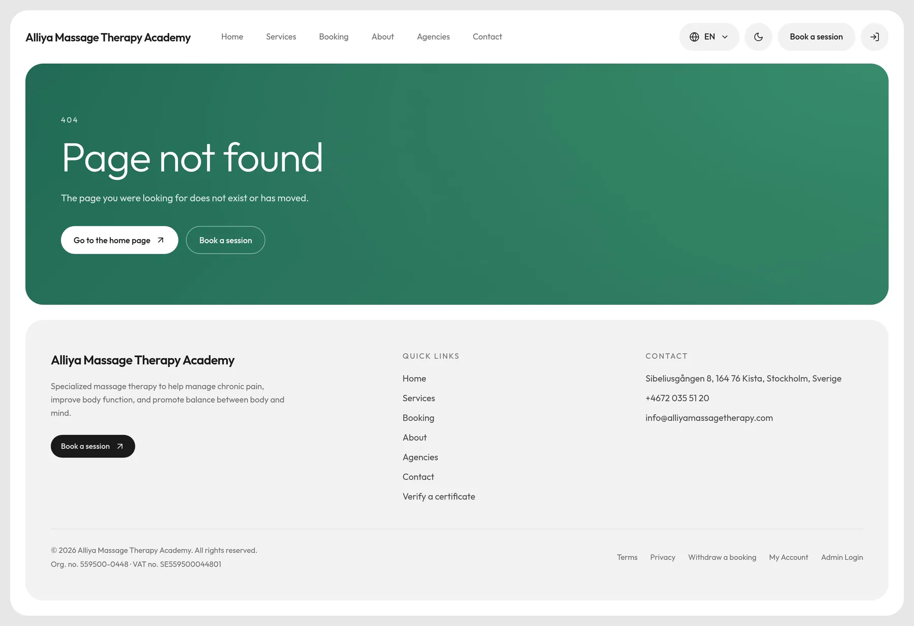 The 404 page: the site header, a jade panel reading 404 and Page not found, the line The page you were looking for does not exist or has moved, buttons for Go to the home page and Book a session, and the footer.