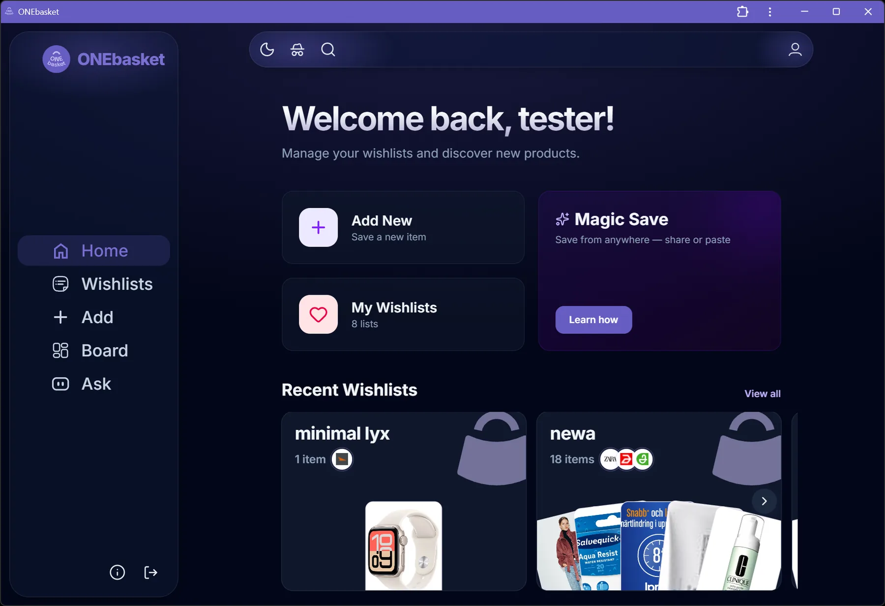 The ONEbasket app home: Add New, My Wishlists and Magic Save, above a row of recent wishlists.