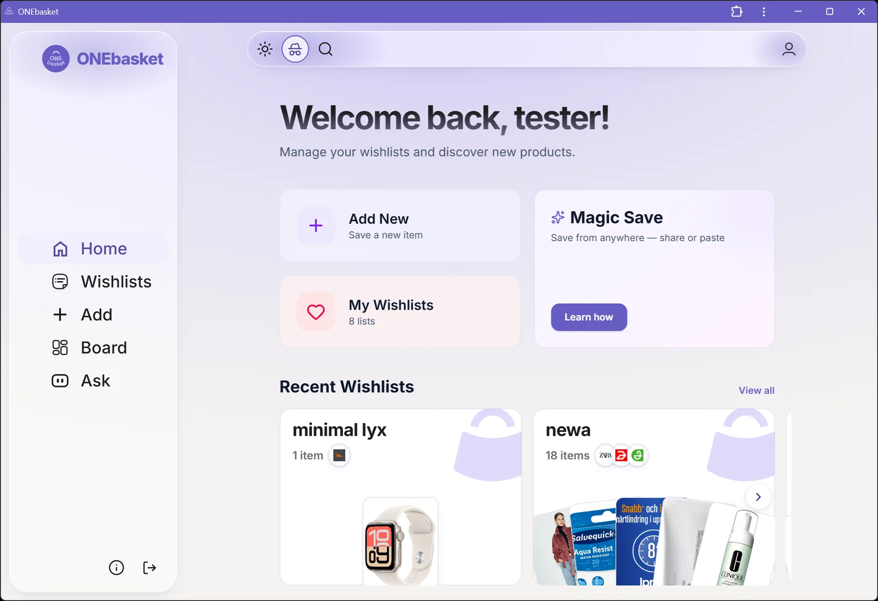 The ONEbasket app home: Add New, My Wishlists and Magic Save, above a row of recent wishlists.